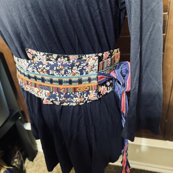 Anthropologie A Common Thread Blouse Obi Patchwork Belt Sash Boho Navy Blue Top - Picture 2 of 7